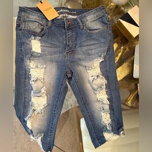 Machine Blue Ankle Cropped Jeans with Distressed Design Sz L New